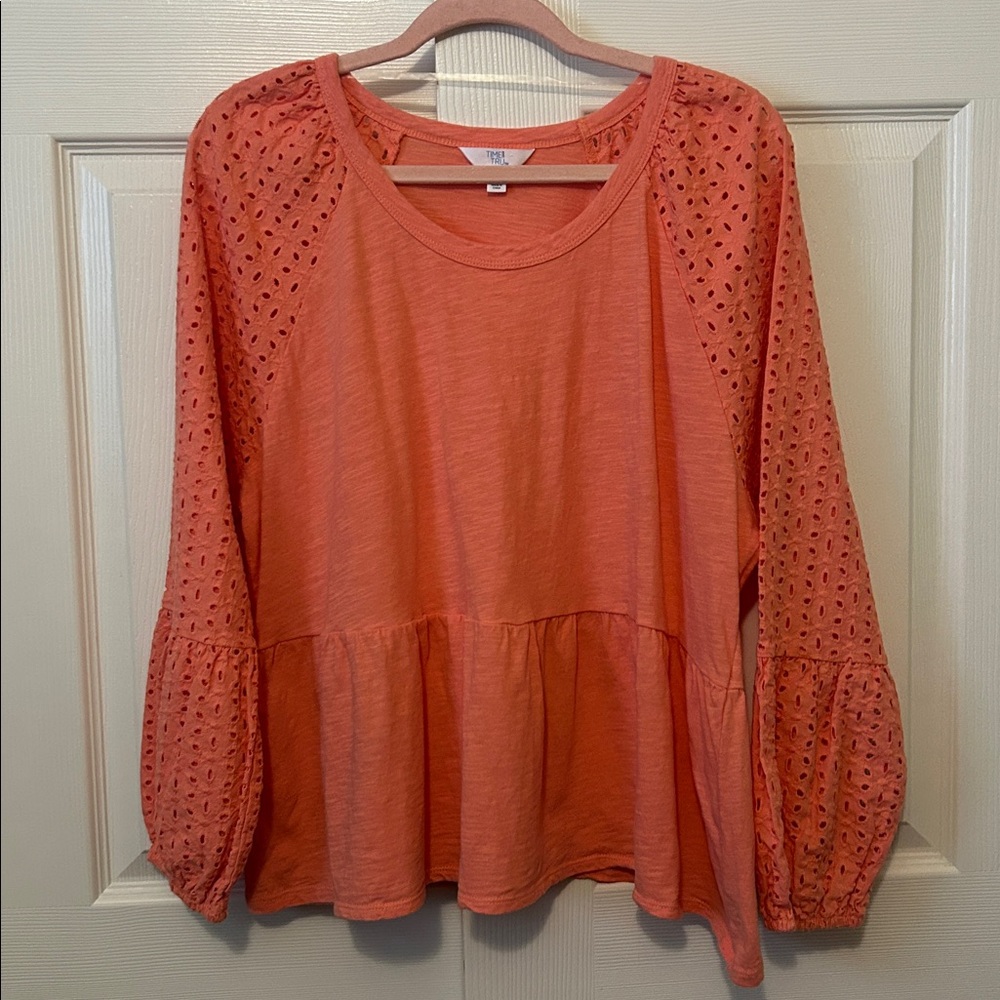 Time & Tru Coral Eyelet Long Sleeve Peplum XXL